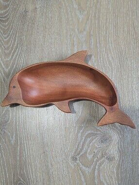 Vintage Kamani Wood Handcarved Dolphin Bowl Trickets Coastal 70s Retro